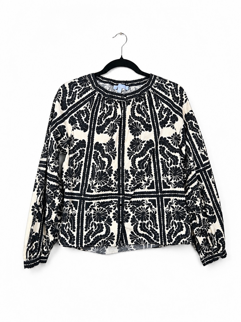 Antonio Melani Floral Cotton Blouse Black Ivory Boho Peasant Balloon Sleeve S